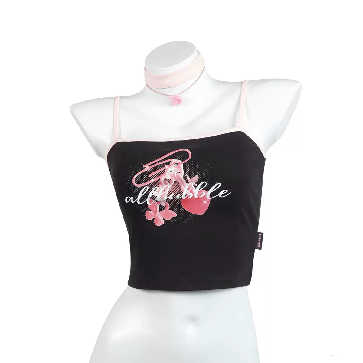 Black Pink Paperclip Heart Graphic Crop Cami with Choker