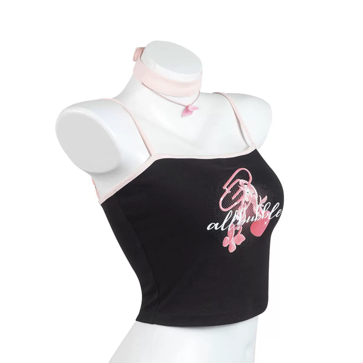 Black Pink Paperclip Heart Graphic Crop Cami with Choker