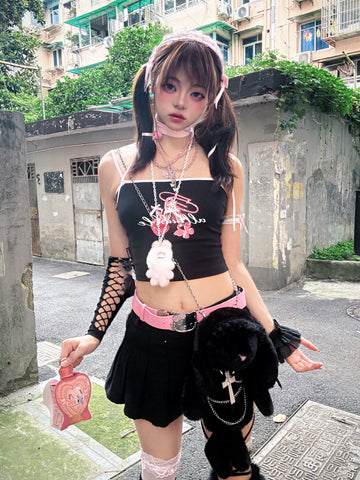 Black Pink Paperclip Heart Graphic Crop Cami with Choker