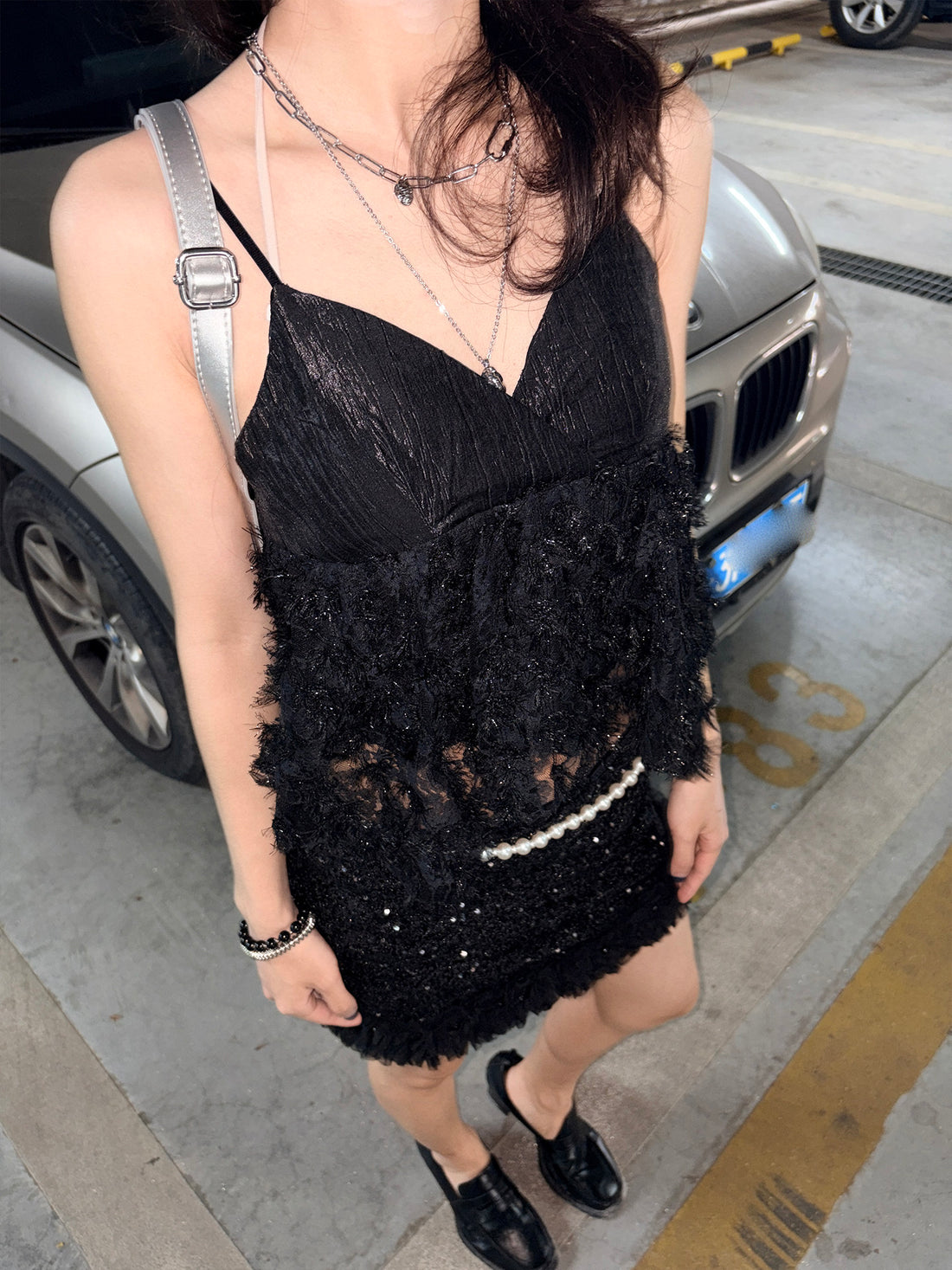 Black Ruched Satin Lace Asymmetric Camisole Top
