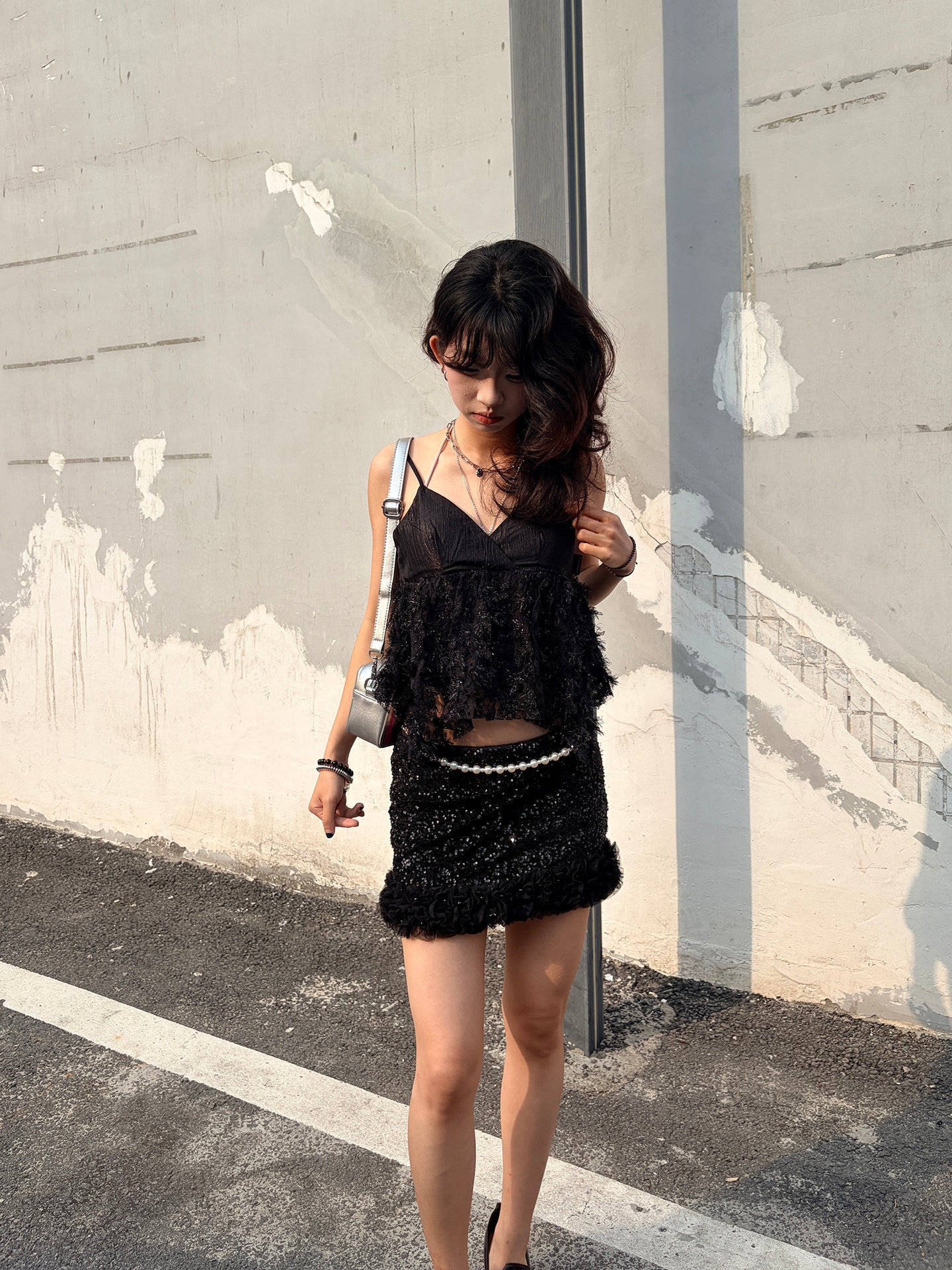 Black Ruched Satin Lace Asymmetric Camisole Top