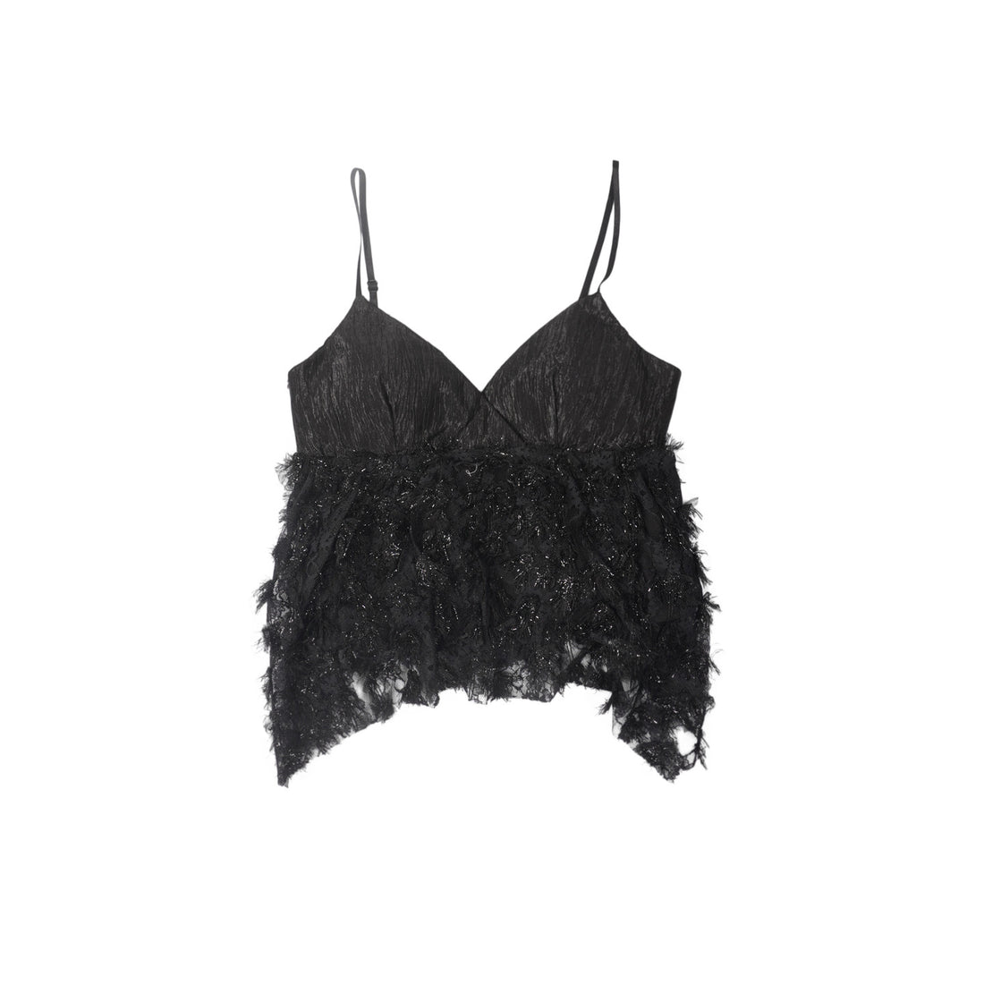 Black Ruched Satin Lace Asymmetric Camisole Top