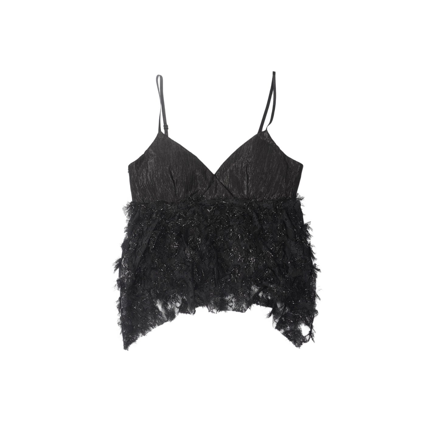 Black Ruched Satin Lace Asymmetric Camisole Top