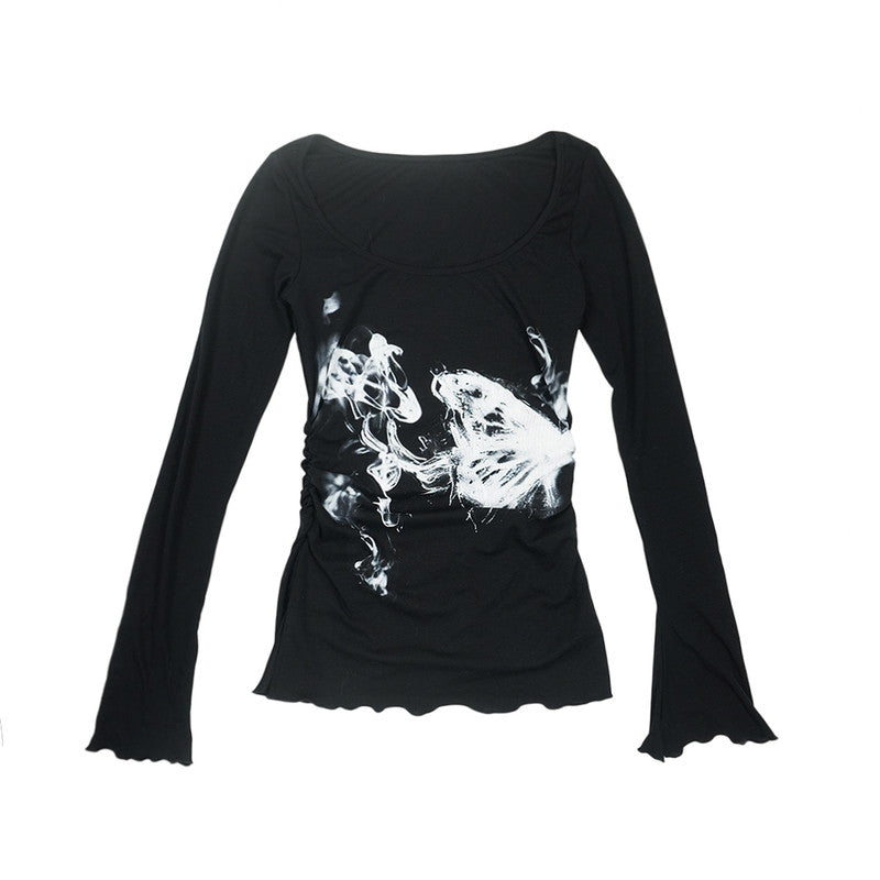Black Smoke Butterfly Print Ruched Lyocell Flared-Sleeve Top