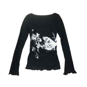 Black Smoke Butterfly Print Ruched Lyocell Flared-Sleeve Top