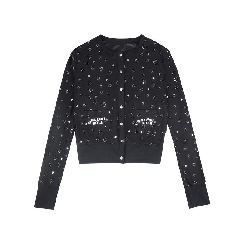 Black heart print lightweight cropped knit cardigan for women with long sleeves and front pockets