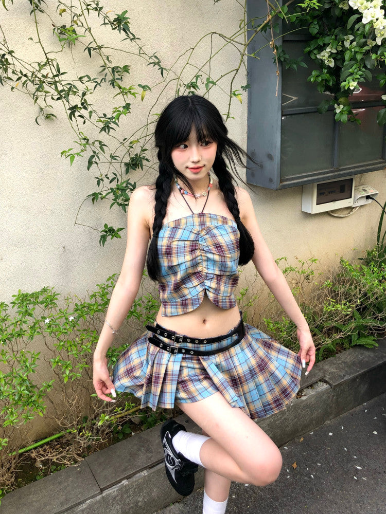 Blue Brown Plaid Ruched Metal Halter Fitted Bandeau Crop Top