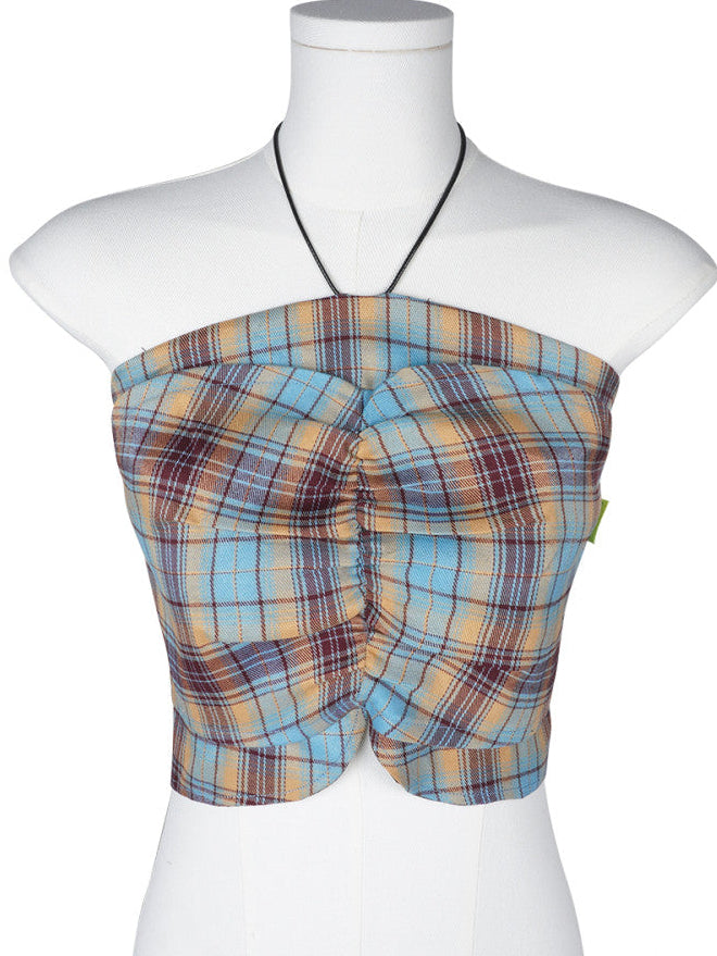 Blue Brown Plaid Ruched Metal Halter Fitted Bandeau Crop Top