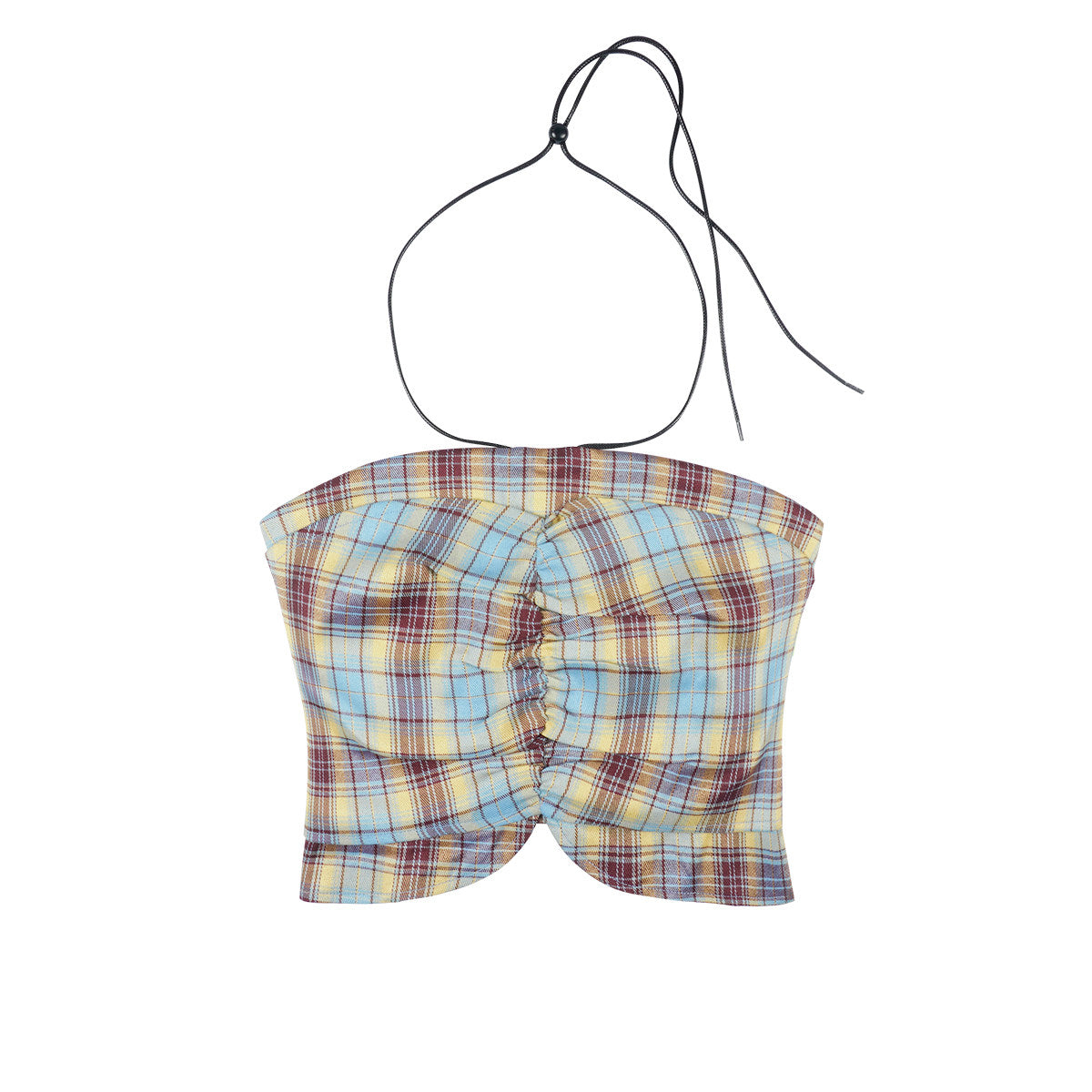 Blue Brown Plaid Ruched Metal Halter Fitted Bandeau Crop Top