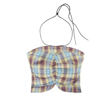 Blue Brown Plaid Ruched Metal Halter Fitted Bandeau Crop Top