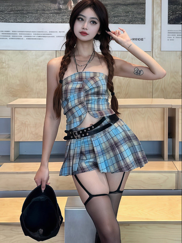 Blue Brown Plaid Ruched Metal Halter Fitted Bandeau Crop Top