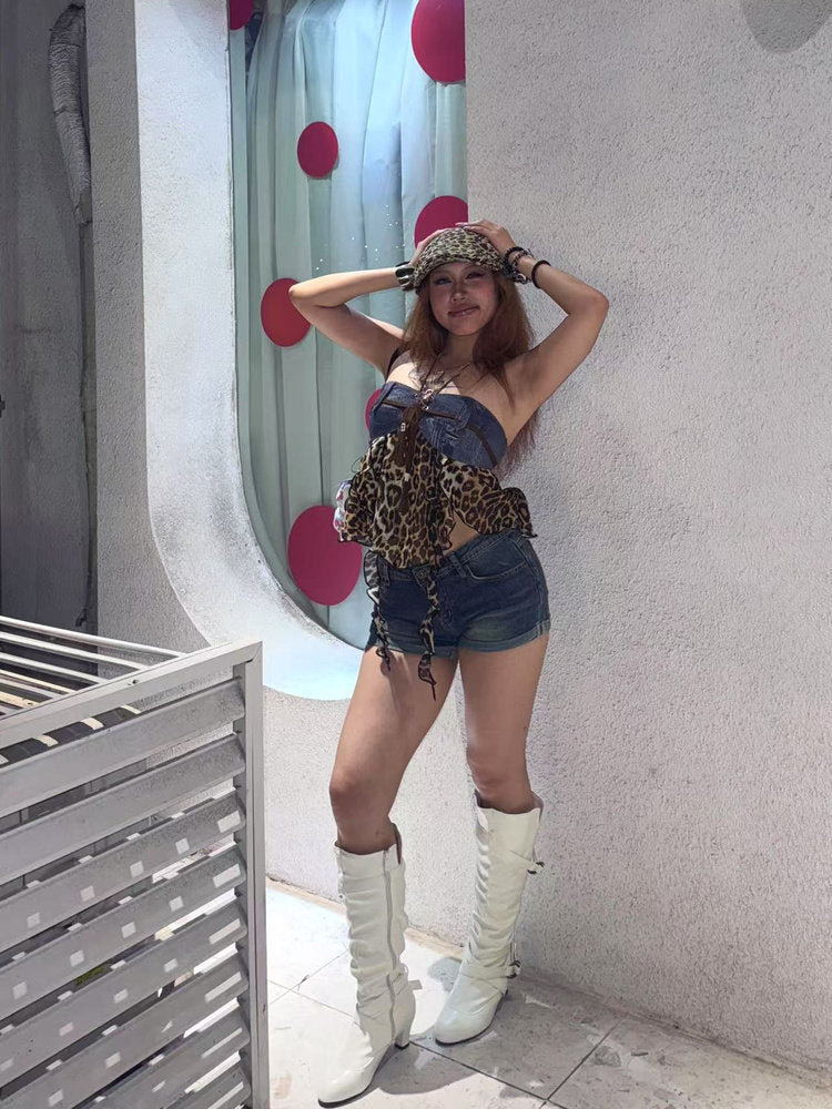 Blue Denim Leopard Chiffon Lace-Up Halter Asymmetric Tube Top