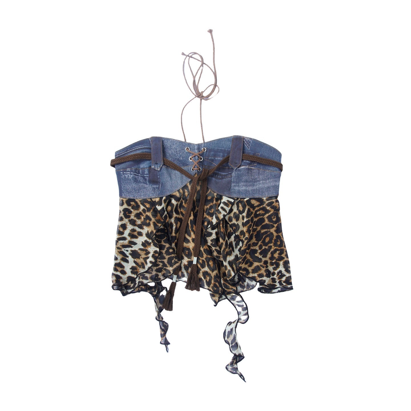 Blue Denim Leopard Chiffon Lace-Up Halter Asymmetric Tube Top