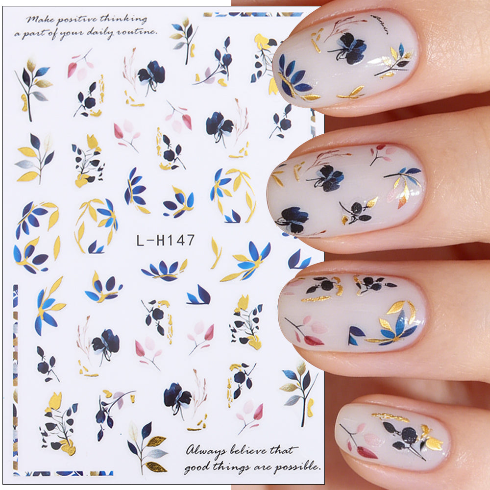 Blue Gold Floral Nail Water Decals
