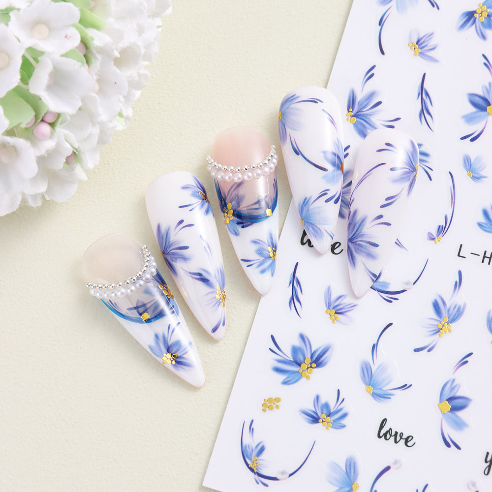 Blue Gold Floral Nail Water Decals