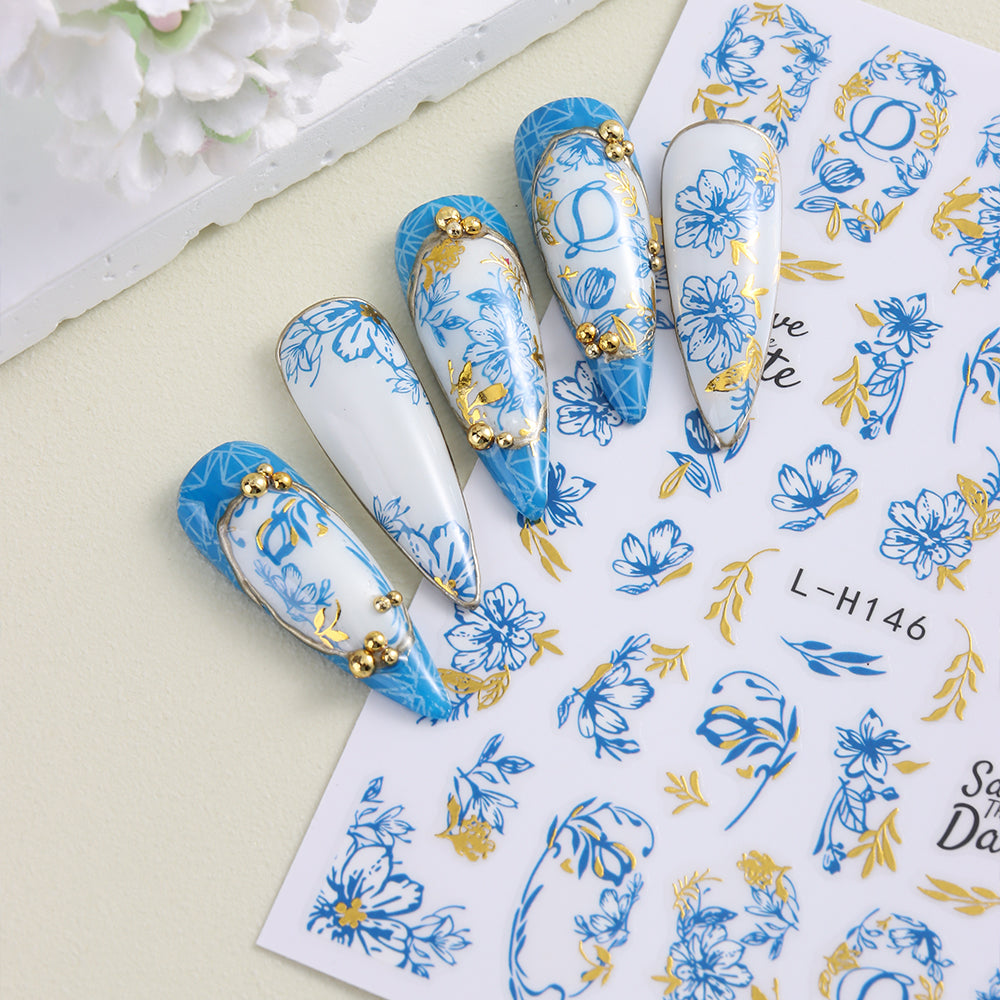 Blue Gold Floral Nail Water Decals