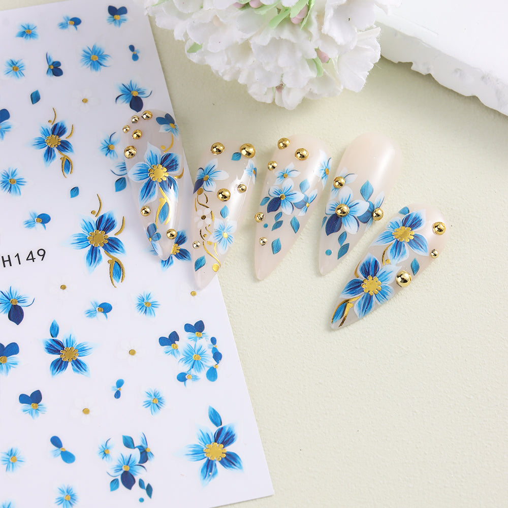 Blue Gold Floral Nail Water Decals