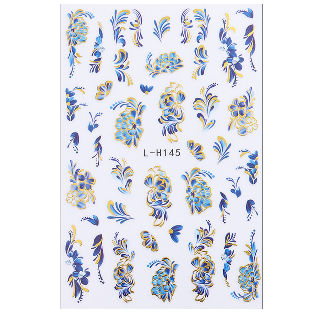 Blue Gold Floral Nail Water Decals
