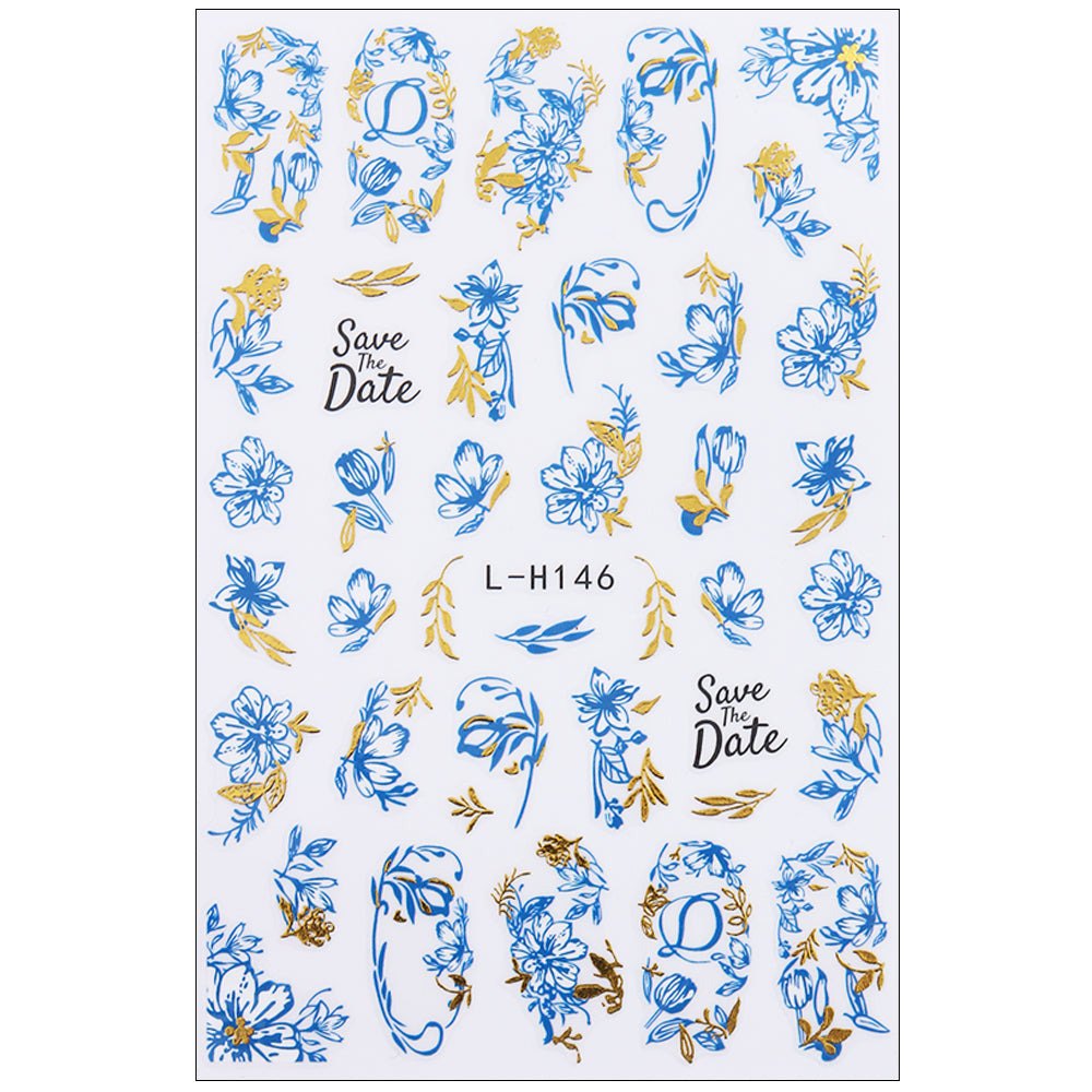 Blue Gold Floral Nail Water Decals
