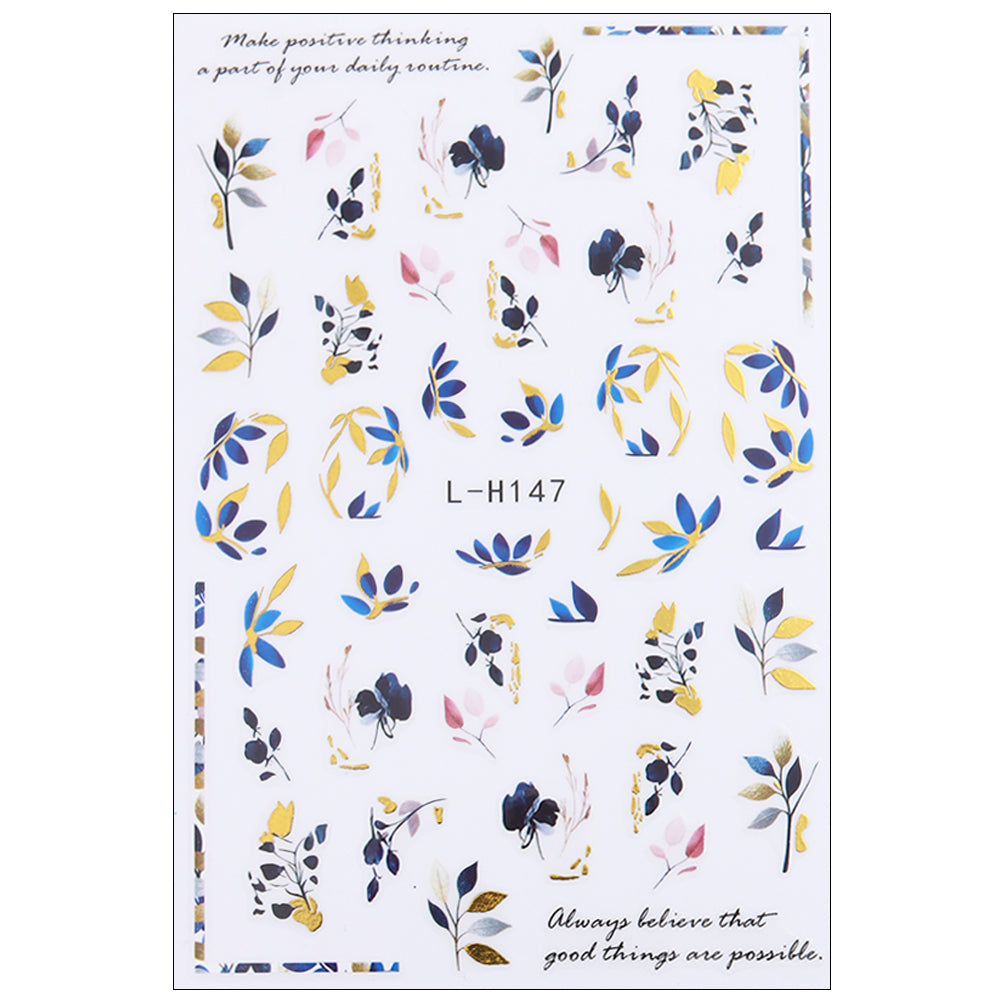 Blue Gold Floral Nail Water Decals