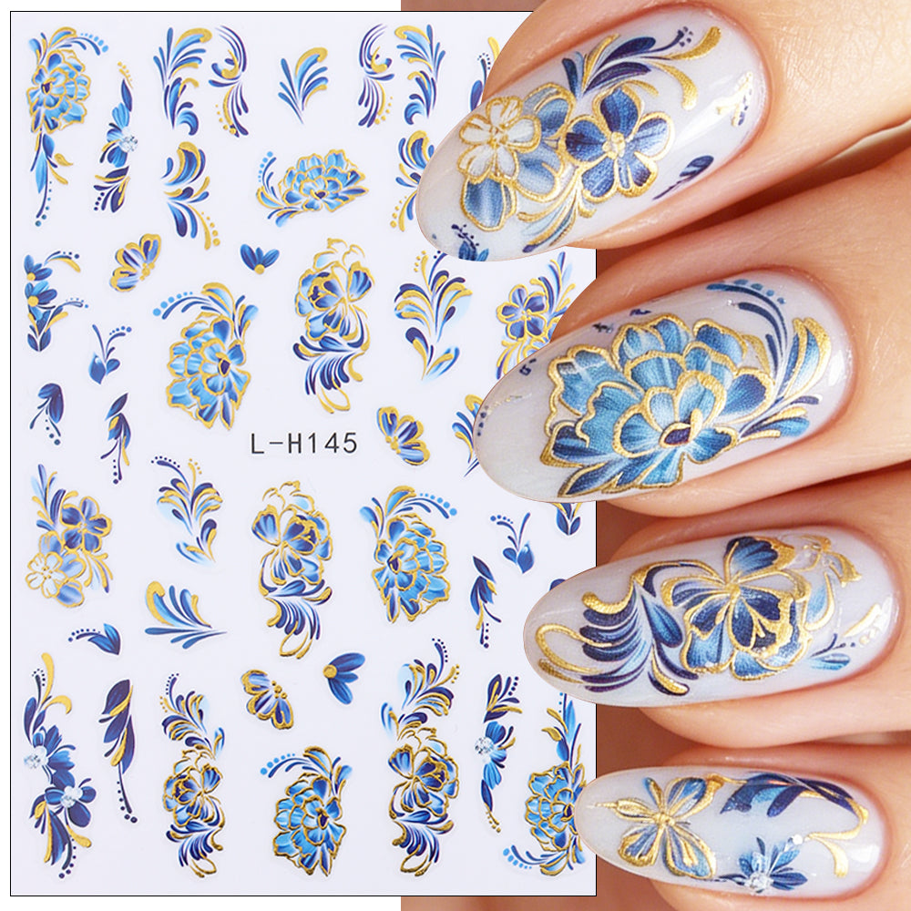 Blue Gold Floral Nail Water Decals