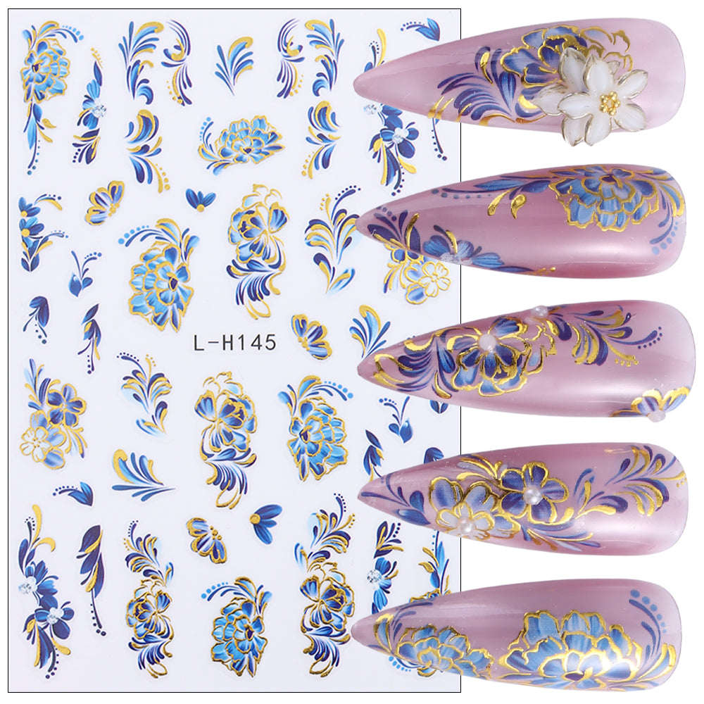 Blue Gold Floral Nail Water Decals
