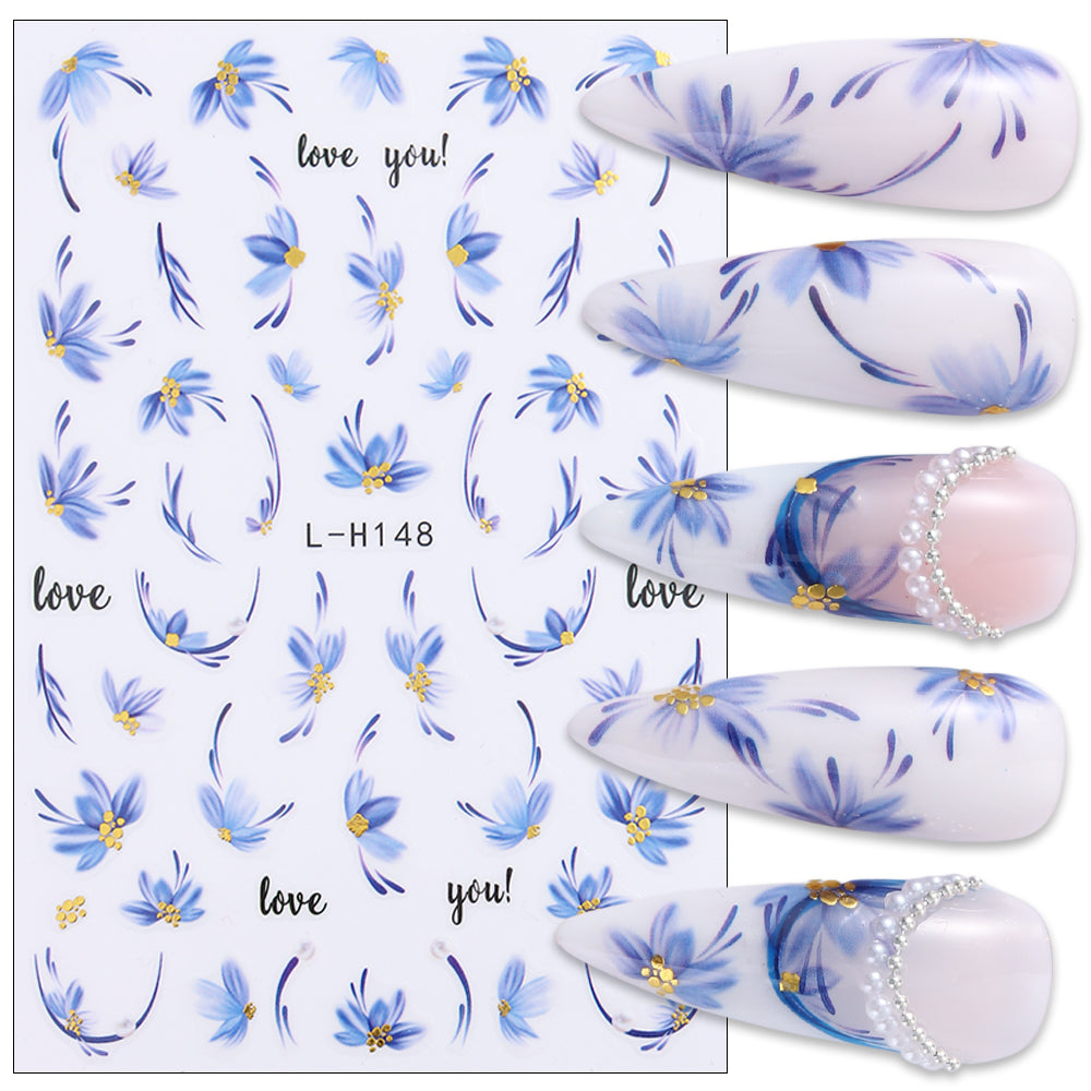 Blue Gold Floral Nail Water Decals
