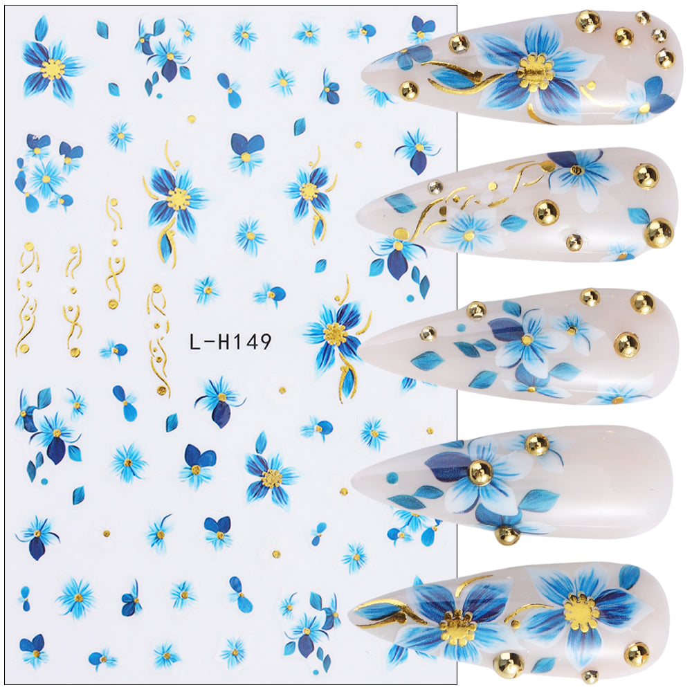 Blue Gold Floral Nail Water Decals