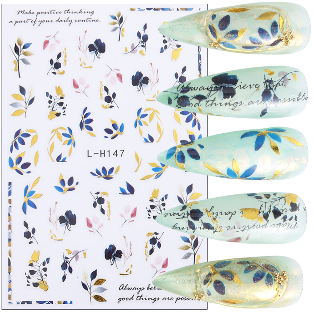 Blue Gold Floral Nail Water Decals