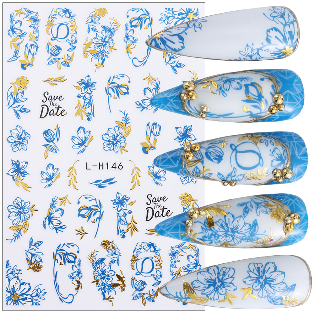 Blue Gold Floral Nail Water Decals