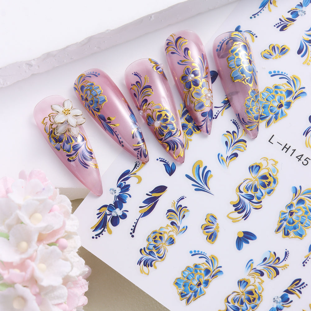 Blue Gold Floral Nail Water Decals