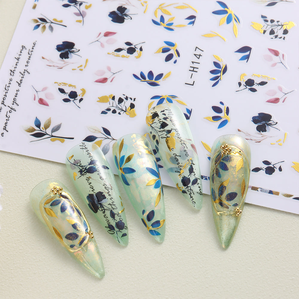 Blue Gold Floral Nail Water Decals