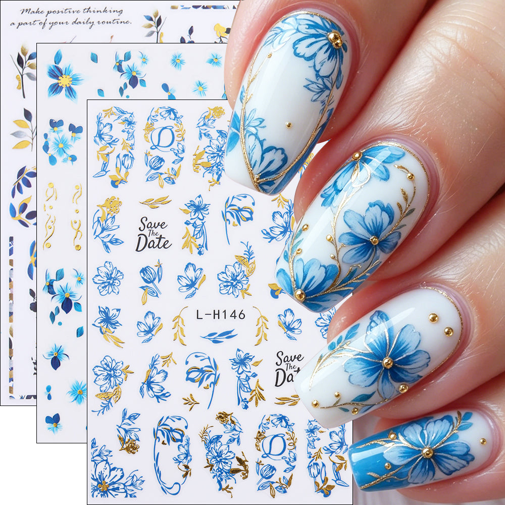 Blue Gold Floral Nail Water Decals