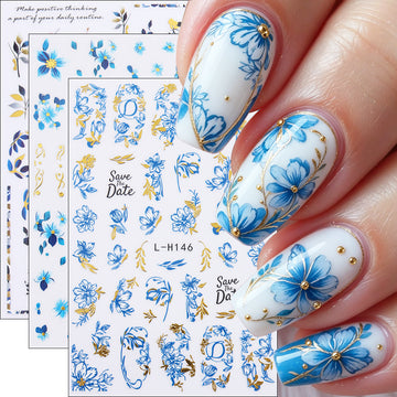 Blue Gold Floral Nail Water Decals