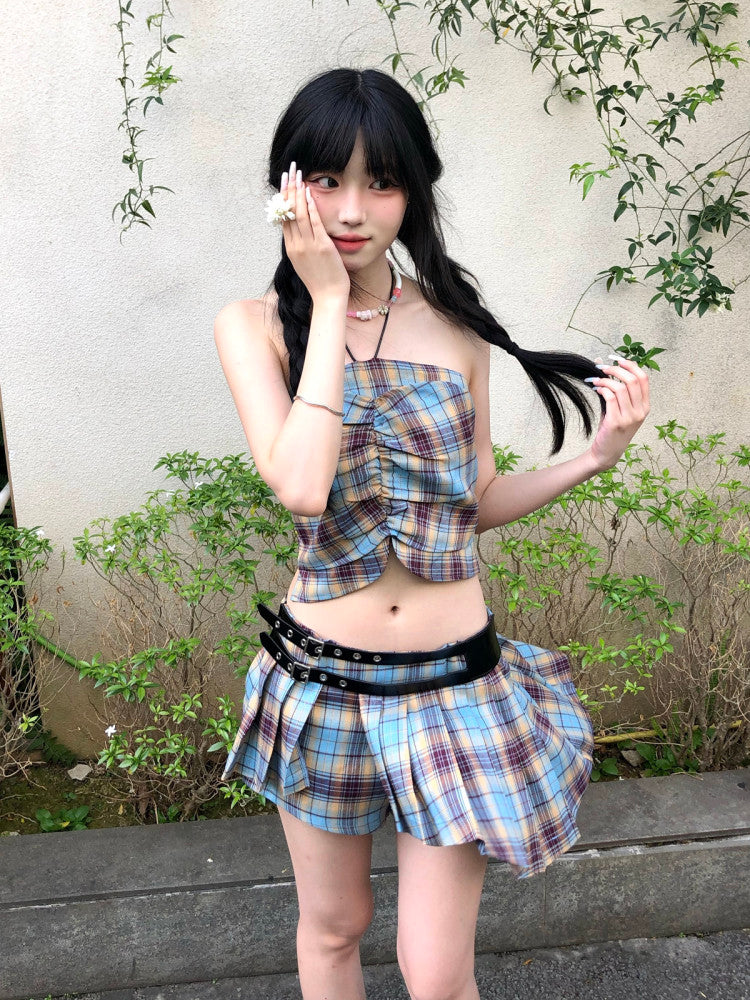 Blue Yellow Plaid Grommet Belt Asymmetric Pleated Mini Skort