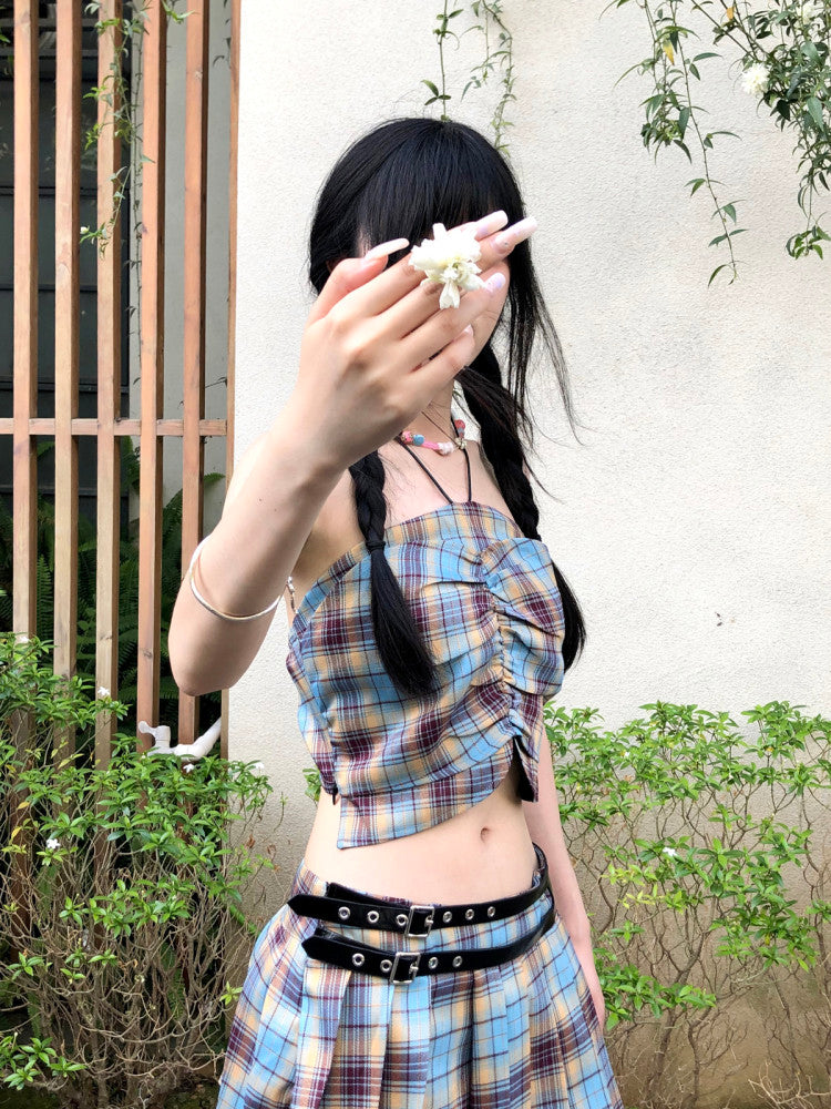 Blue Yellow Plaid Grommet Belt Asymmetric Pleated Mini Skort