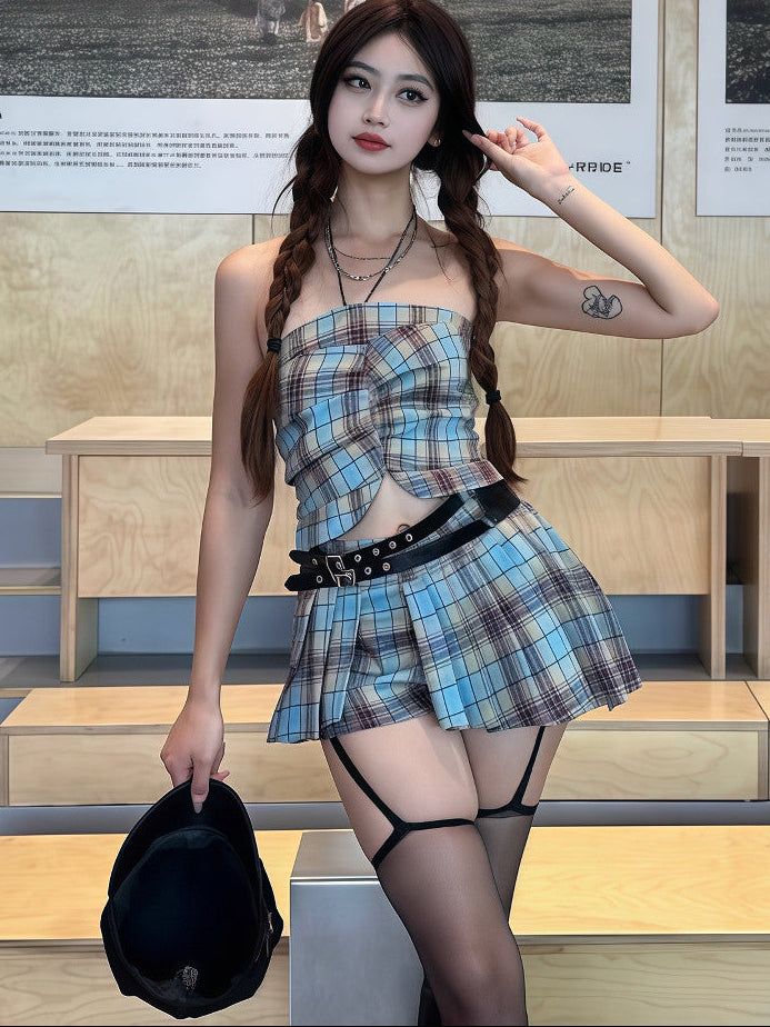Blue Yellow Plaid Grommet Belt Asymmetric Pleated Mini Skort