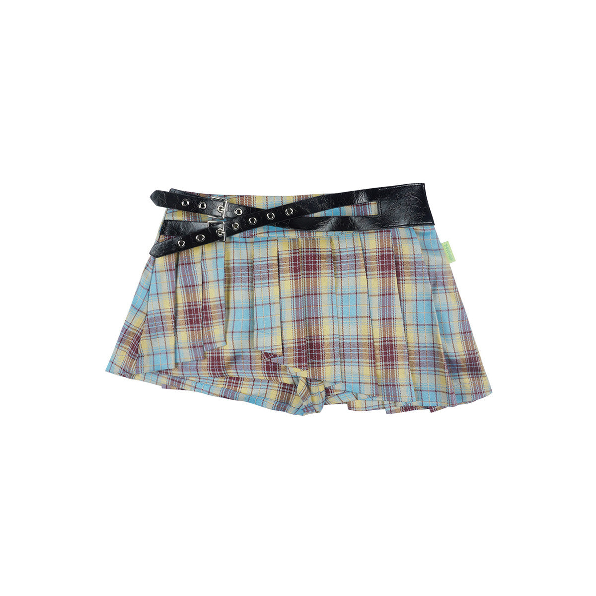 Blue Yellow Plaid Grommet Belt Asymmetric Pleated Mini Skort