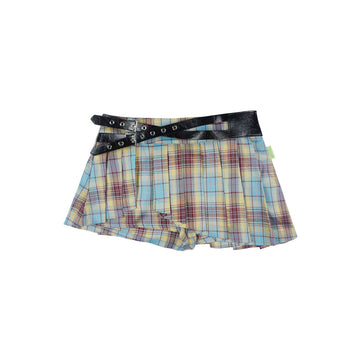 Blue Yellow Plaid Grommet Belt Asymmetric Pleated Mini Skort