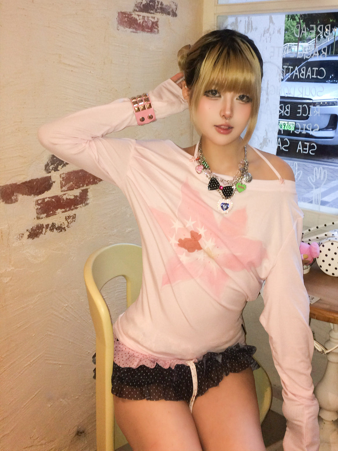 Blush Pink Bear Floral Print Lyocell Asymmetric Tie-Neck Long Sleeve Top