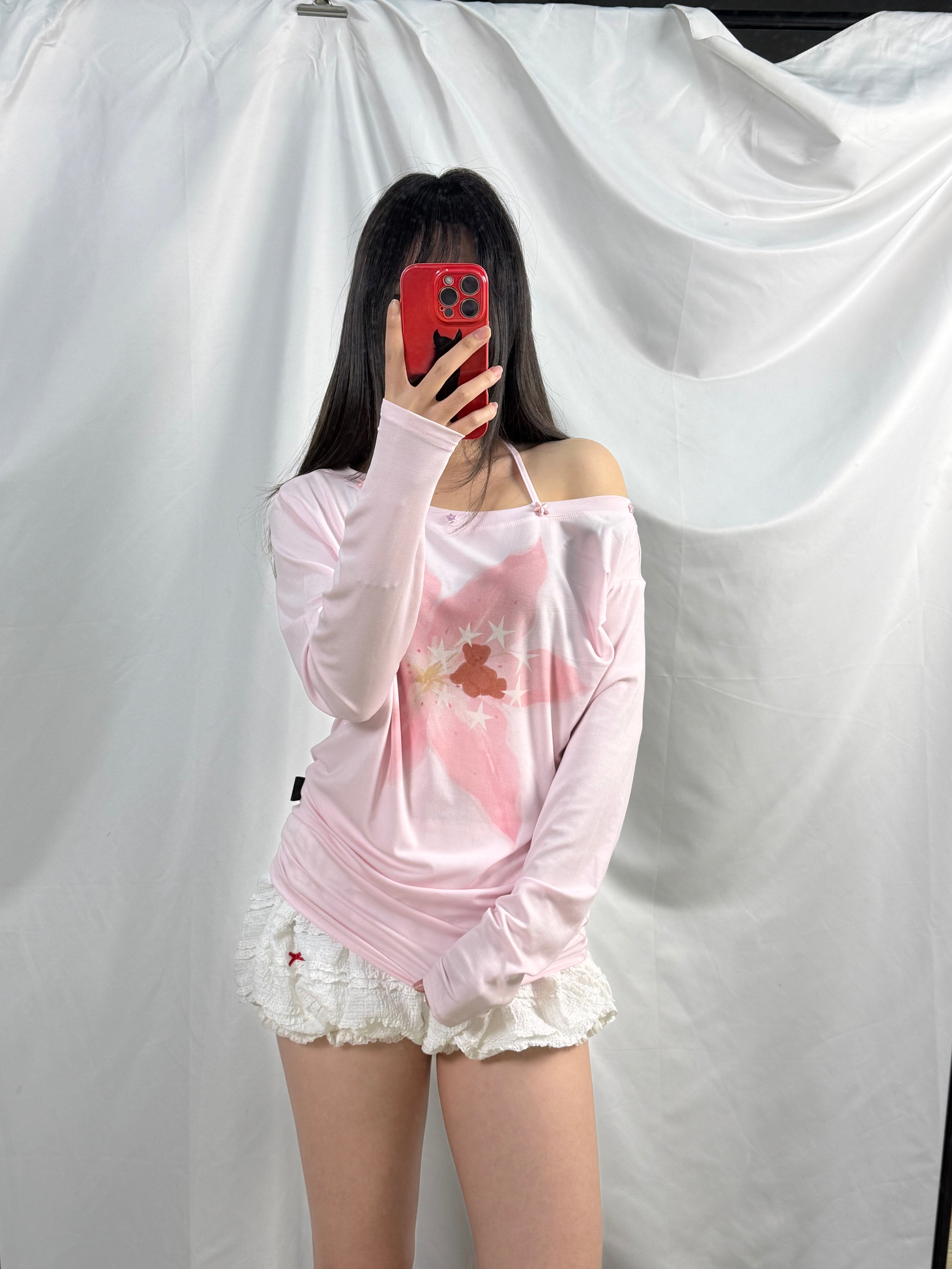Blush Pink Bear Floral Print Lyocell Asymmetric Tie-Neck Long Sleeve Top