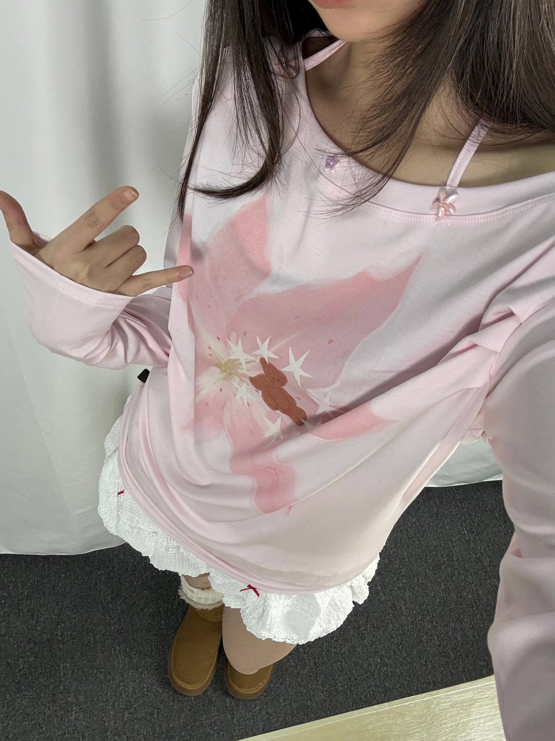 Blush Pink Bear Floral Print Lyocell Asymmetric Tie-Neck Long Sleeve Top