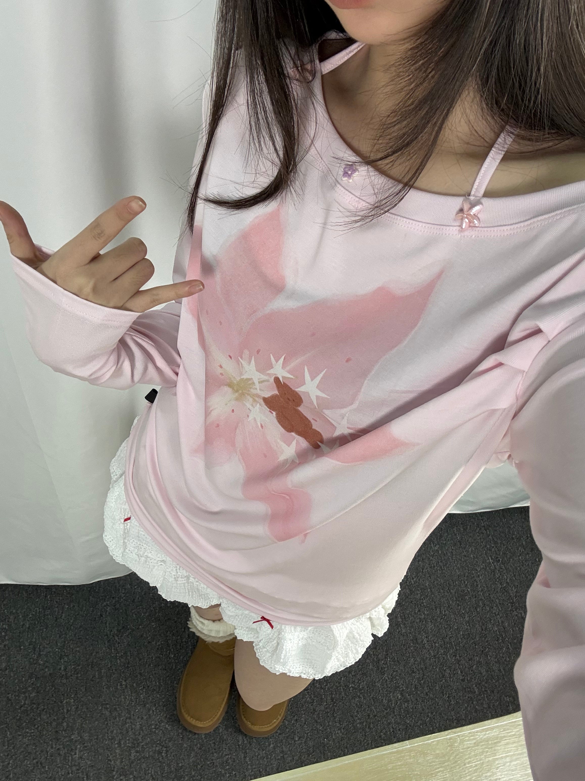 Blush Pink Bear Floral Print Lyocell Asymmetric Tie-Neck Long Sleeve Top