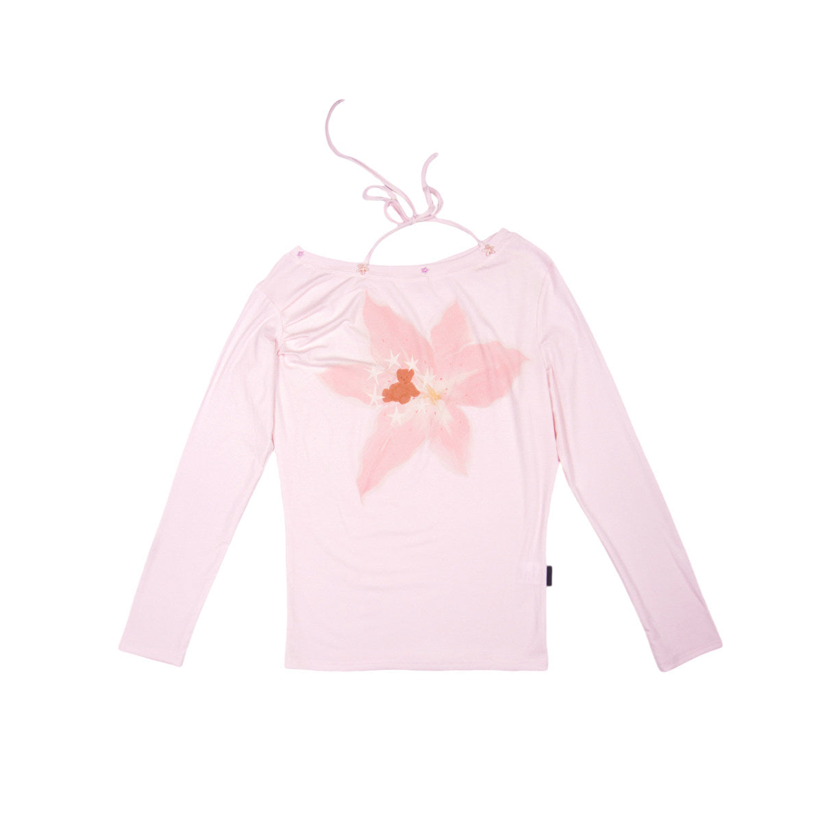 Blush Pink Bear Floral Print Lyocell Asymmetric Tie-Neck Long Sleeve Top
