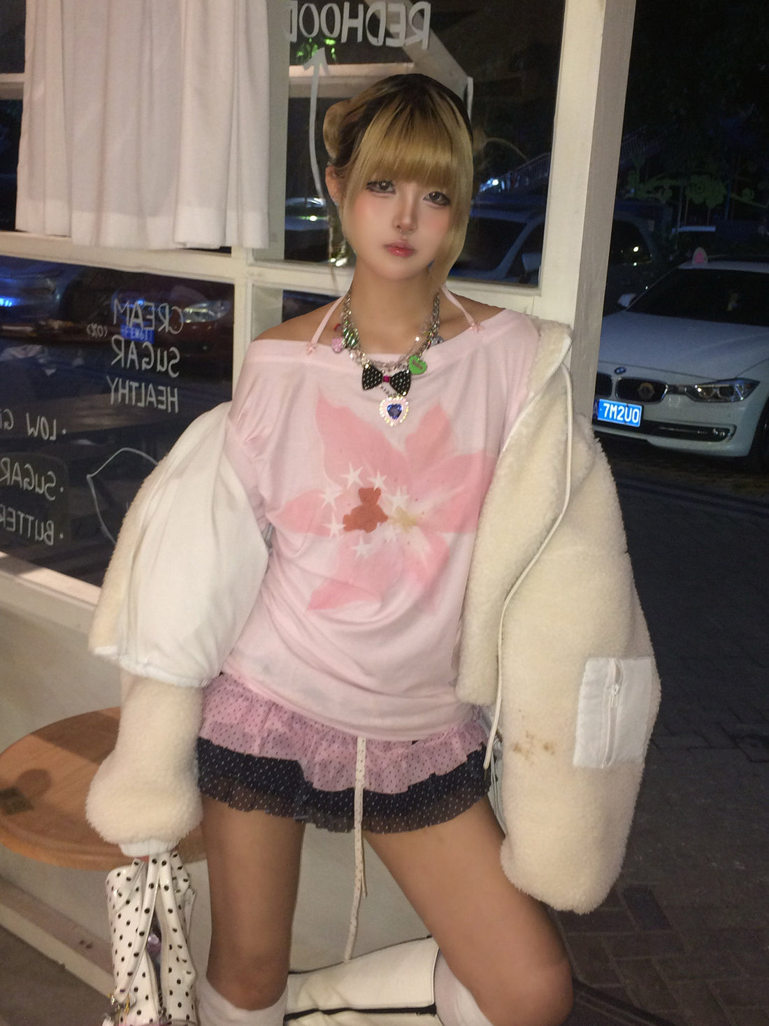 Blush Pink Bear Floral Print Lyocell Asymmetric Tie-Neck Long Sleeve Top