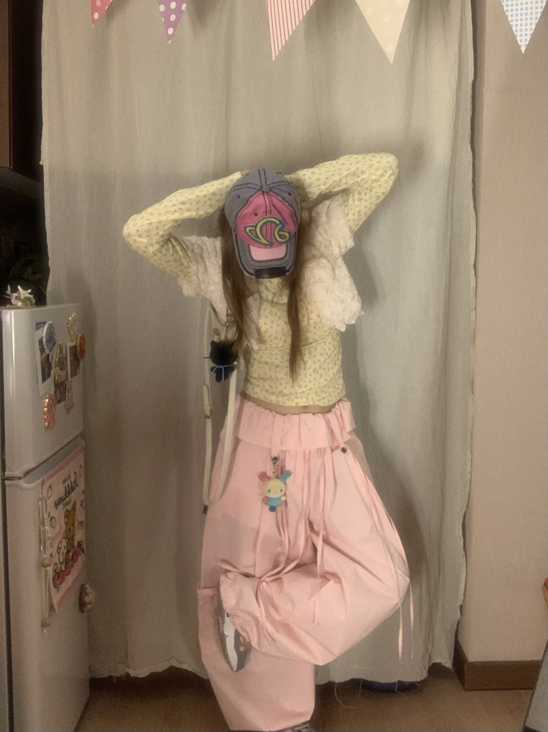 Blush Pink Ruffle-Waist Bow-Tie Balloon Cargo Pants