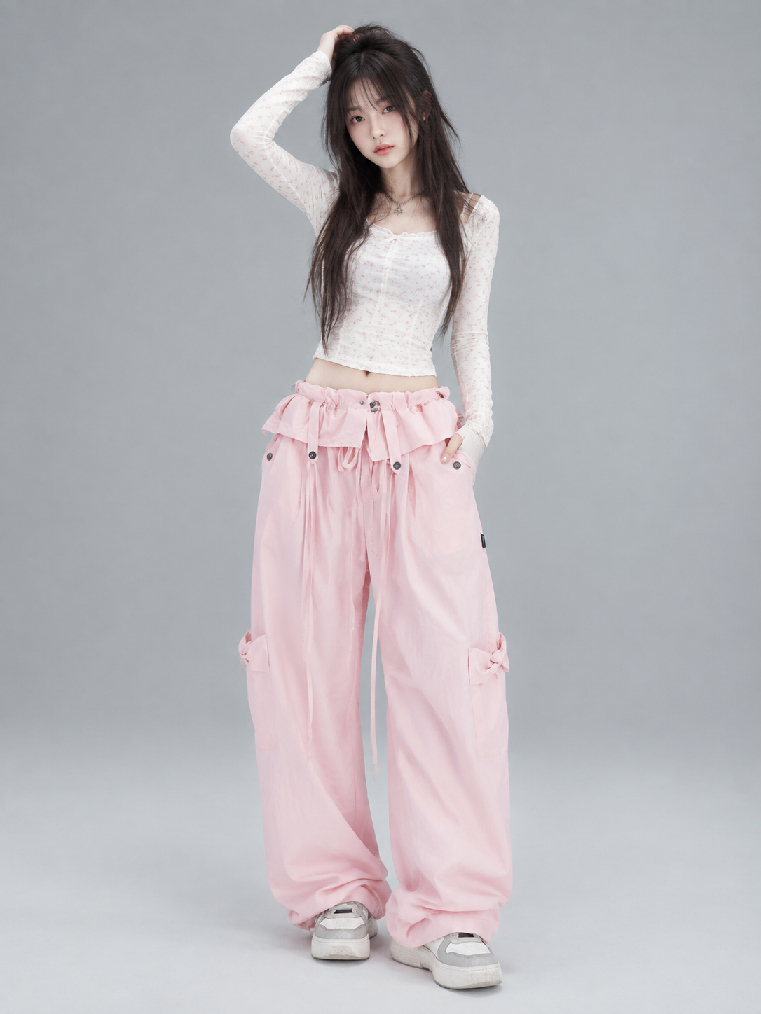 Blush Pink Ruffle-Waist Bow-Tie Balloon Cargo Pants
