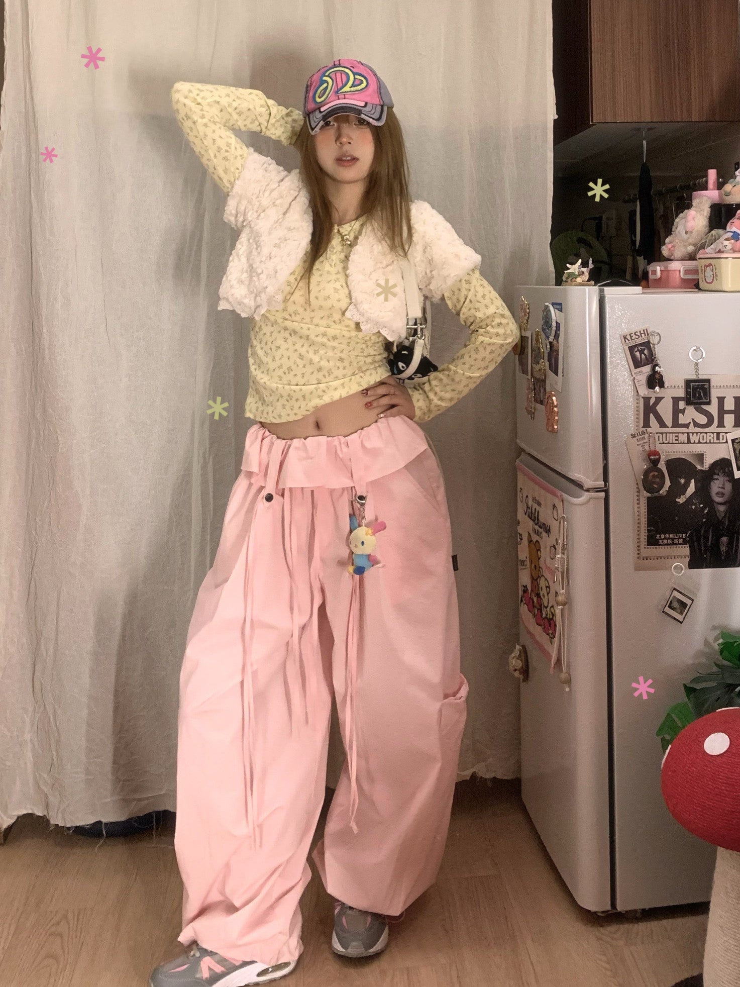 Blush Pink Ruffle-Waist Bow-Tie Balloon Cargo Pants