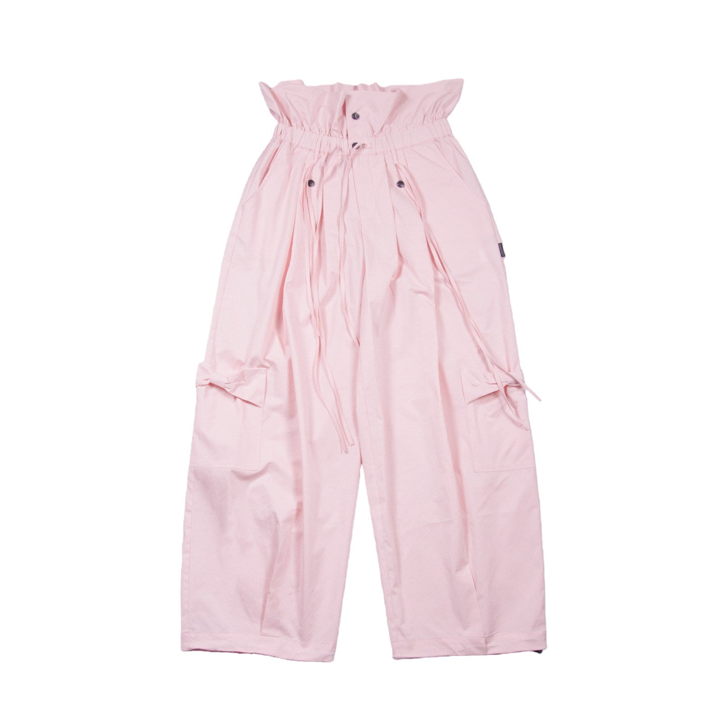 Blush Pink Ruffle-Waist Bow-Tie Balloon Cargo Pants