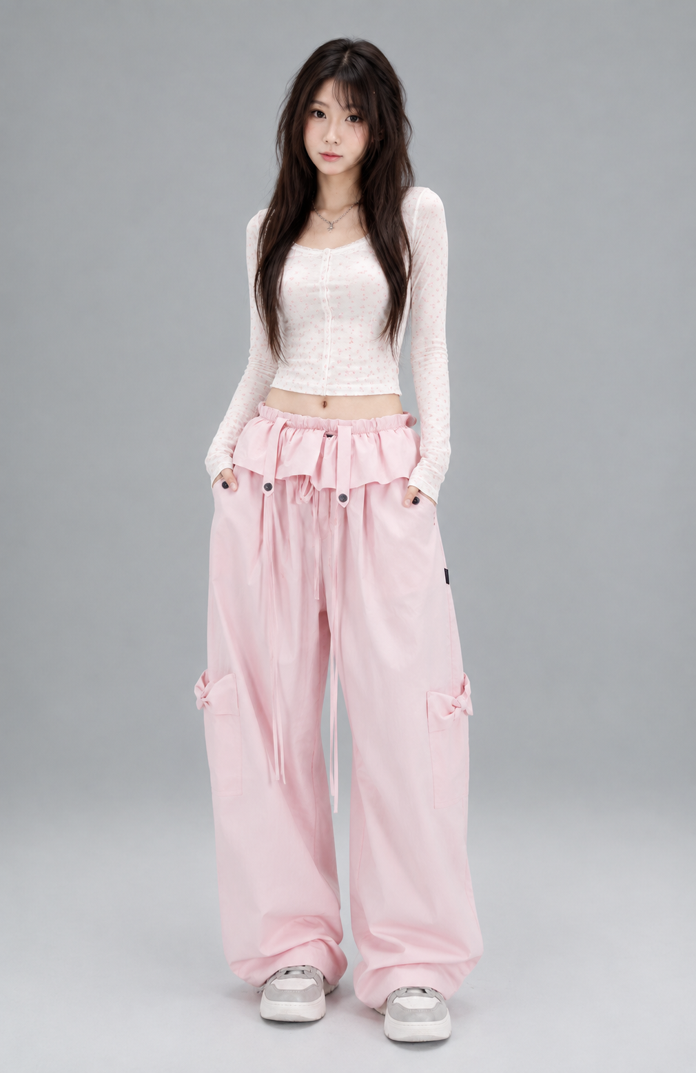 Blush Pink Ruffle-Waist Bow-Tie Balloon Cargo Pants